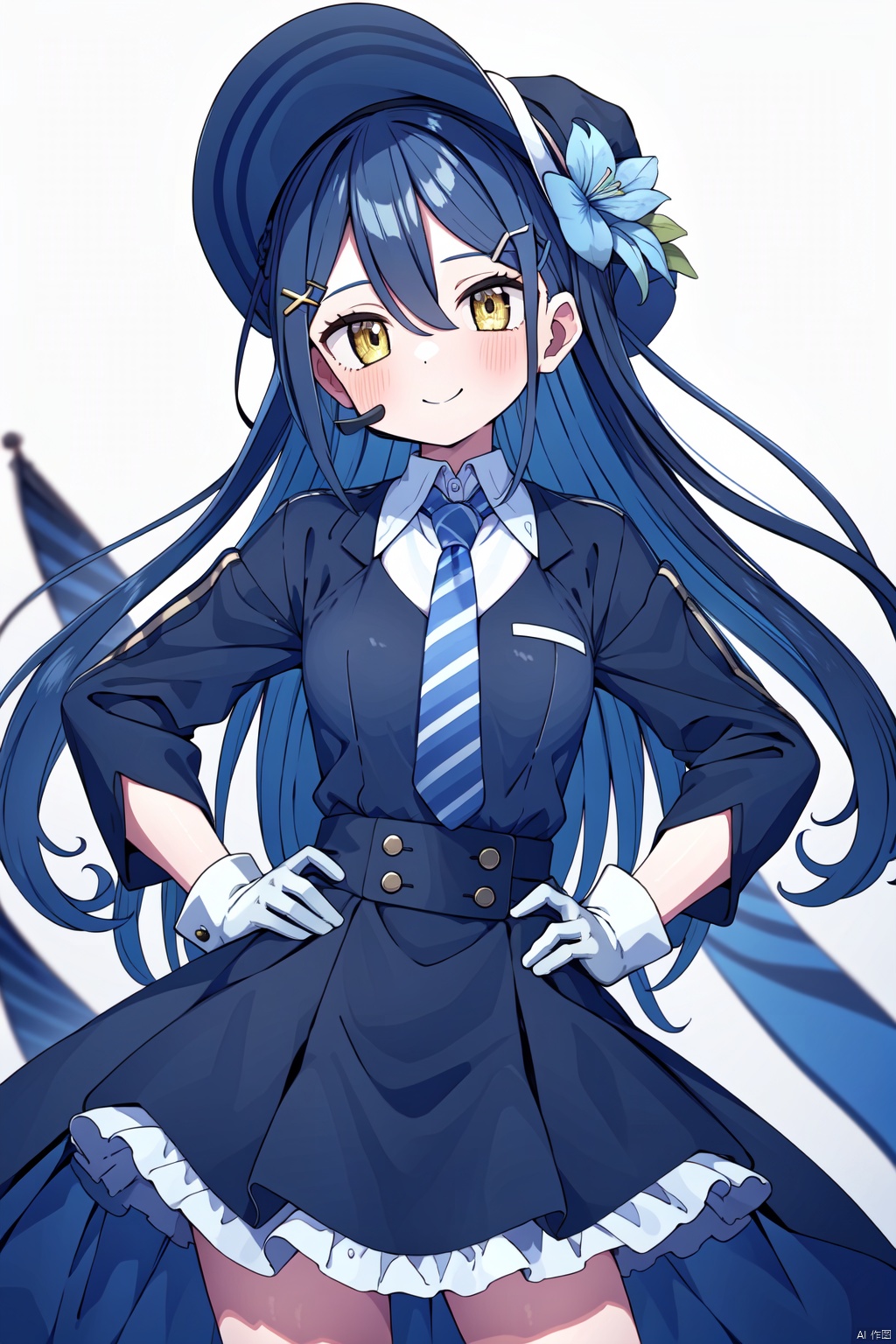 1girl, blue_hair, long_hair, solo, gloves, looking_at_viewer, yellow_eyes, smile, hair_ornament, white_gloves, headset, hair_between_eyes, hat, striped, necktie, blush, microphone, hairclip, hand_on_hip, swept_bangs, cowboy_shot, flower, braid, dated, skirt, frills, striped_necktie, dress, x_hair_ornament
