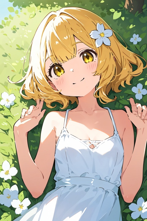 1girl, lumine_\(genshin_impact\), solo, flower, blonde_hair, lying, breasts, on_back, hair_flower, hair_ornament, smile, looking_at_viewer, dress, yellow_eyes, blush, white_dress, grass, cleavage, bare_shoulders, medium_breasts, upper_body, sleeveless_dress, bangs, closed_mouth, white_flower, sleeveless, outdoors, bare_arms, short_hair_with_long_locks, sunlight, day, sidelocks, hand_up