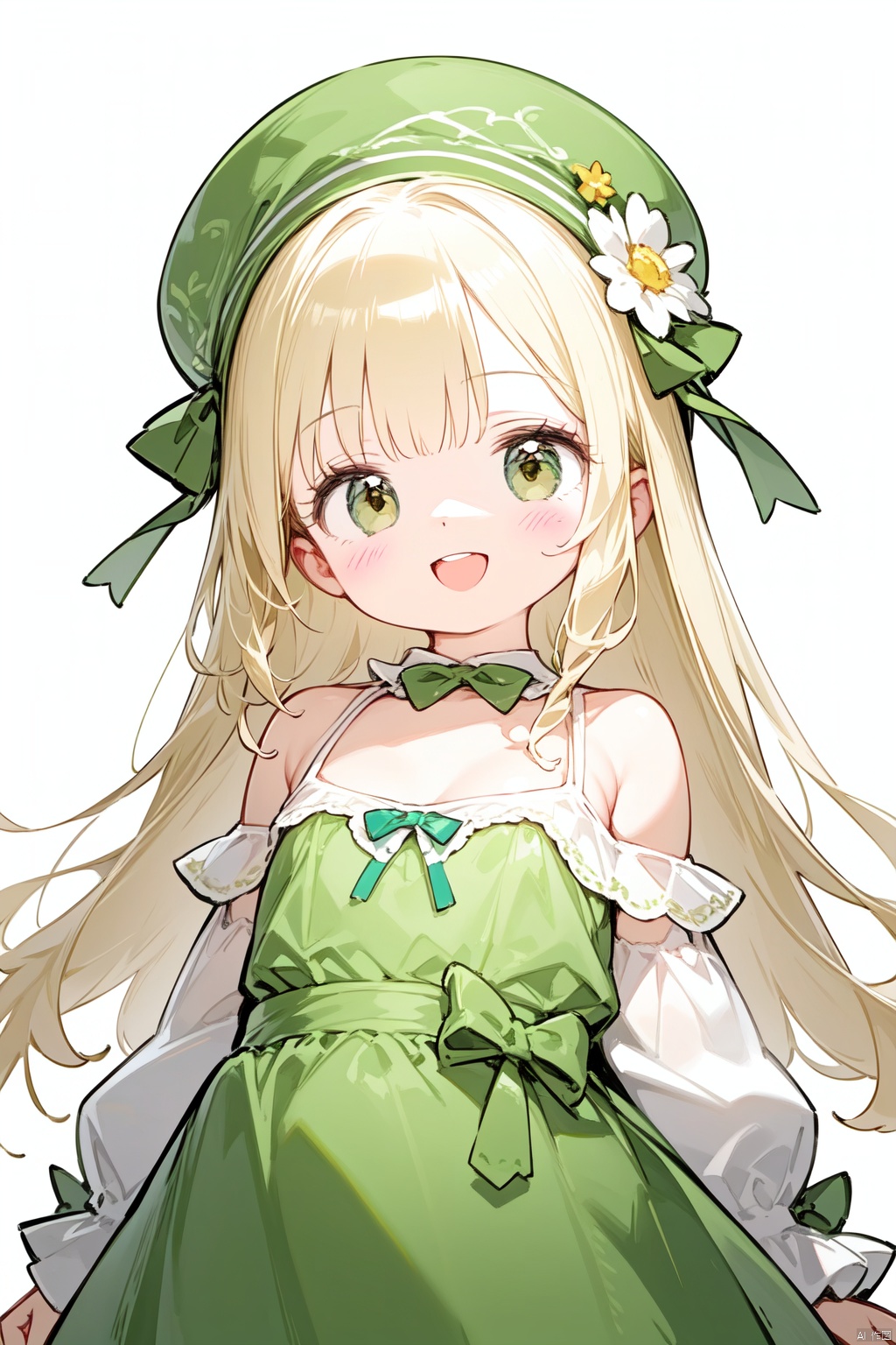 Low-C,atelier_\(series\),1girl, \:d, atelier_\(series\), atelier_ayesha, ayesha_altugle, bare_shoulders, blonde_hair, blush, bow, breasts, brown_eyes, dress, flower, green_bow, green_dress, green_hat, hair_flower, hair_ornament, hani_\(udauda\), hat, long_hair, looking_at_viewer, off-shoulder_dress, off_shoulder, open_mouth, simple_background, smile, solo, waist_bow, white_background, wrist_cuffs