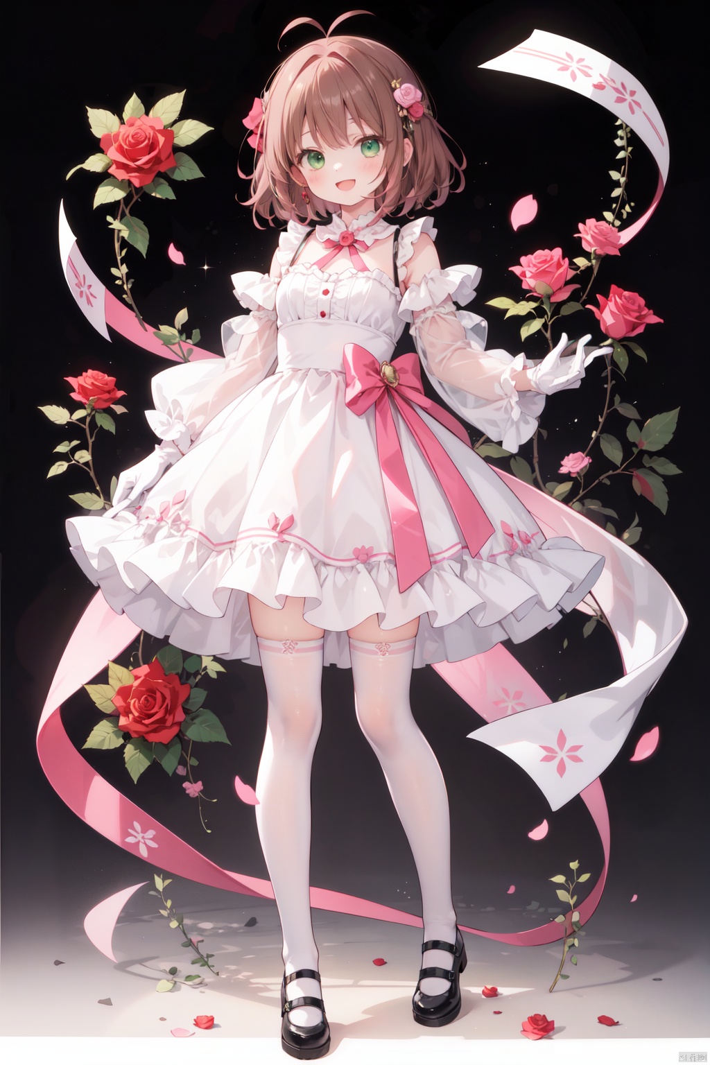 1girl, antenna_hair, black_background, brown_hair, dress, eyebrows_visible_through_hair, flower, full_body, gloves, green_eyes, kinomoto_sakura, mary_janes, open_mouth, pink_flower, pink_rose, red_flower, red_rose, rose, shoes, short_hair, smile, standing, transparent_background, white_gloves, white_legwear, white_rose