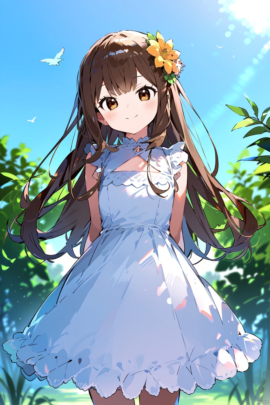  best quality, amazing quality, very aesthetic,1girl, dress, long hair, bird, white dress, brown hair, solo, outdoors, brown eyes, sleeveless, looking at viewer, arms behind back, sleeveless dress, bangs, standing, plant, sundress, smile, flower, closed mouth, sunlight, bare shoulders
