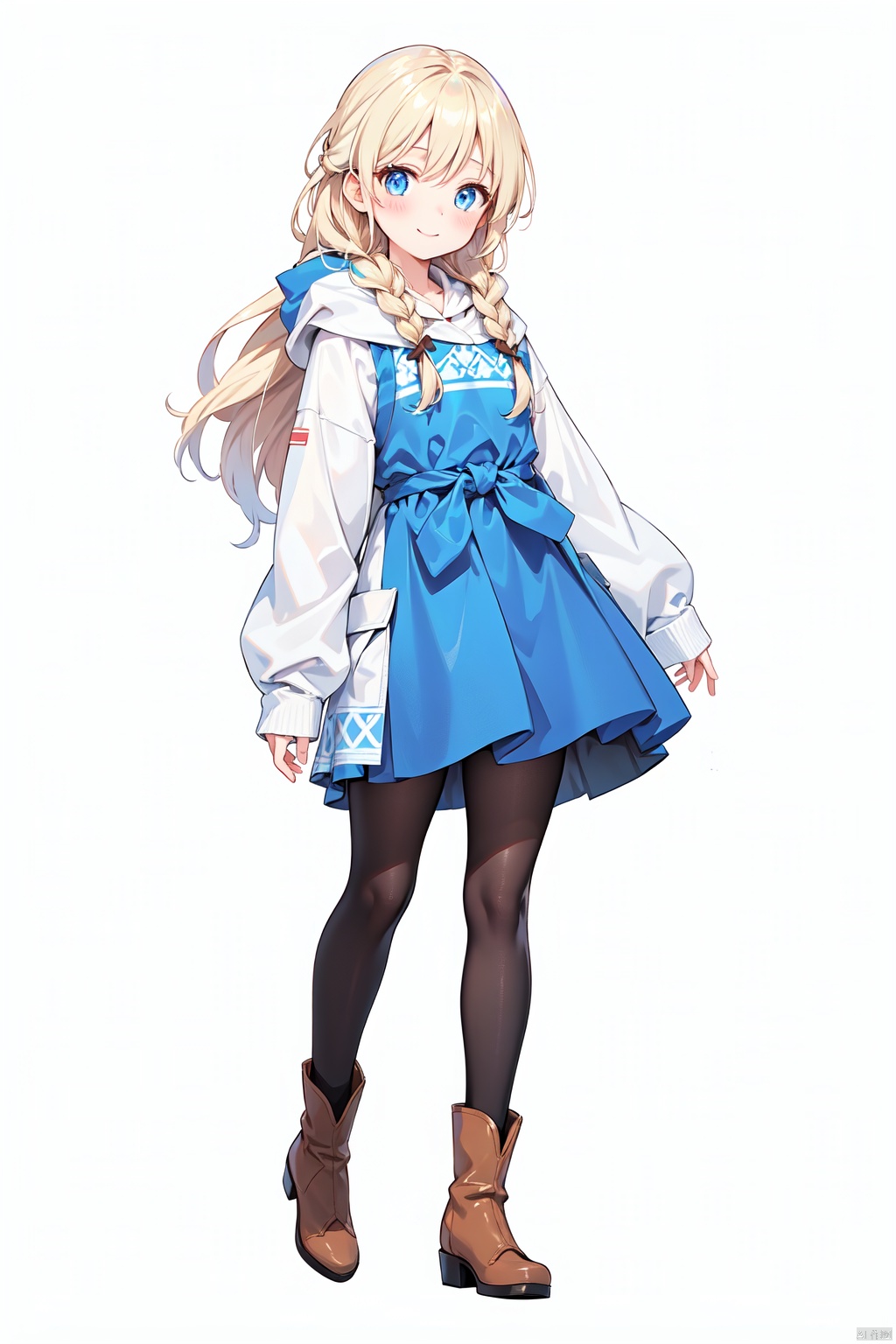 1girl, ankle_boots, artist_name, blue_eyes, blush, boots, braid, brown_footwear, elsa_\(frozen\), full_body, hair_over_shoulder, hood, hood_down, hoodie, long_hair, long_sleeves, looking_at_viewer, pantyhose, simple_background, smile, solo, white_background, white_legwear