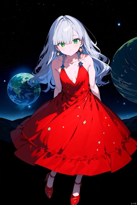 1girl, breasts, cleavage, collarbone, constellation, dress, earrings, earth_\(planet\), full_body, galaxy, green_eyes, hair_between_eyes, high_heels, jewelry, light_particles, long_hair, milky_way, nail_polish, night, night_sky, planet, red_dress, red_footwear, red_nails, shoes, shooting_star, sky, solo, space, star_\(sky\), starry_background, starry_sky, starry_sky_print