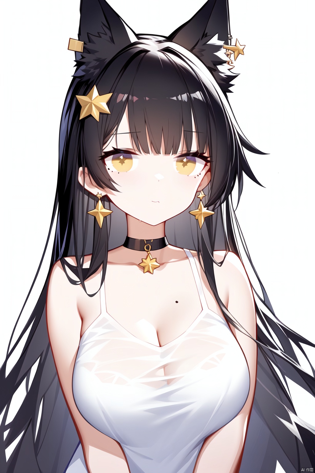 1girl, breasts, solo, animal_ears, cleavage, black_hair, long_hair, looking_at_viewer, yellow_eyes, animal_ear_fluff, jewelry, earrings, choker, fox_ears, mole, white_background, simple_background, upper_body, hair_ornament, bangs, star_\(symbol\), camisole, black_choker, blush, hoop_earrings, spaghetti_strap, blunt_bangs, large_breasts, closed_mouth, white_camisole, bare_shoulders, fox_girl, star_hair_ornament, medium_breasts, collarbone, sleeveless, see-through

Software