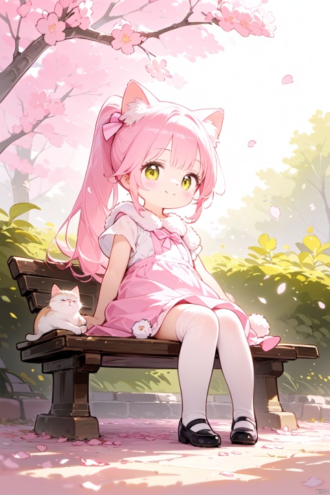 1girl, loli, solo, pink hair, long hair in ponytail, yellow eyes, cat ears, sitting, looking at viewer, full body, wearing white shirt with pink bow, pink skirt, pink and white striped thigh highs, pink cat tail swishing gently, pink haired cat girl, outdoor scene, sakura tree in bloom, pink petals falling, stone bench, rays of sunlight streaming through branches, rays lighting up hair and dress, detailed textures, lifelike fur on ears, soft expression, cute smile, (masterpiece illustration, extremely detailed, delicate and beautiful)