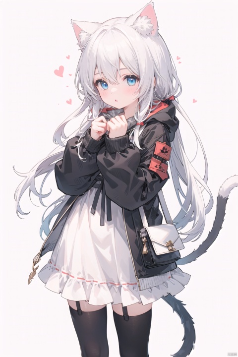  307101girl, solo, long hair, looking at viewer, blush, bangs, blue eyes, thighhighs, long sleeves, dress, animal ears, hair between eyes, very long hair, standing, jacket, tail, white hair, frills, parted lips, open clothes, puffy sleeves, cat ears, hood, grey background, white dress, :o, white thighhighs, open jacket, black jacket, animal ear fluff, sleeves past wrists, grey eyes, hands up, garter straps, frilled dress, hood down, cat girl, hooded jacket, puffy long sleeves, drawstring