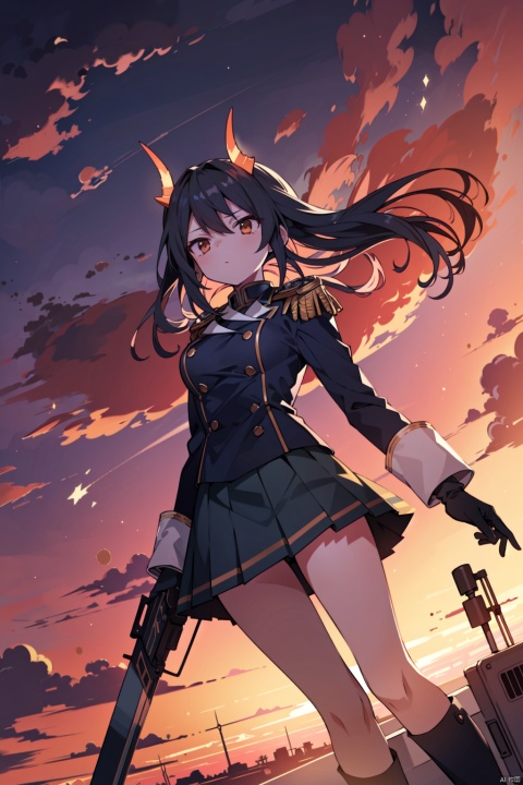 1girl, bangs, black_hair, breasts, buttons, cannon, closed_mouth, cloud, cloudy_sky, double-breasted, dusk, epaulettes, evening, explosion, fire, flight_deck, floating_hair, gloves, gradient_sky, hair_between_eyes, holding, horns, long_hair, long_sleeves, looking_at_viewer, machinery, military, military_uniform, miniskirt, orange_sky, outdoors, pleated_skirt, red_sky, rigging, sidelocks, skirt, sky, solo, sunset, sword, turret, twilight, uniform, weapon, white_gloves, wind, wind_lift