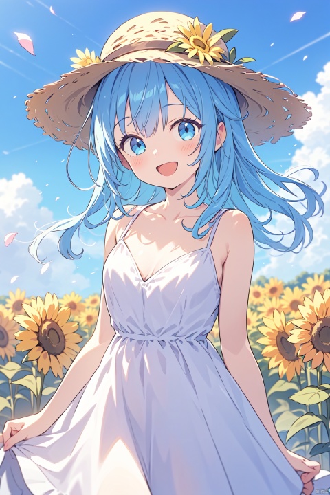 (masterpiece),(best quality),1girl, solo, flower, dress, blue_hair, sunflower, outdoors, hat, white_dress, blue_eyes, sky, breasts, cloud, straw_hat, open_mouth, smile, looking_at_viewer, cleavage, day, sleeveless_dress, sleeveless, medium_breasts, yellow_flower, bangs, field, petals, :d, blue_sky, blush, flower_field, bare_shoulders, medium_hair, sundress, hand_on_headwear, collarbone, blurry, cloudy_sky