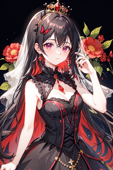 1girl, solo, jewelry, crown, earrings, long_hair, veil, bug, butterfly, black_dress, sleeveless, red_eyes, dress, looking_at_viewer, upper_body, black_hair, sleeveless_dress, bangs, hair_between_eyes, black_background, covered_mouth, see-through, red_nails, nail_polish, gem, floral_background, floral_print, red_gemstone, bare_arms, bare_shoulders, sparkle