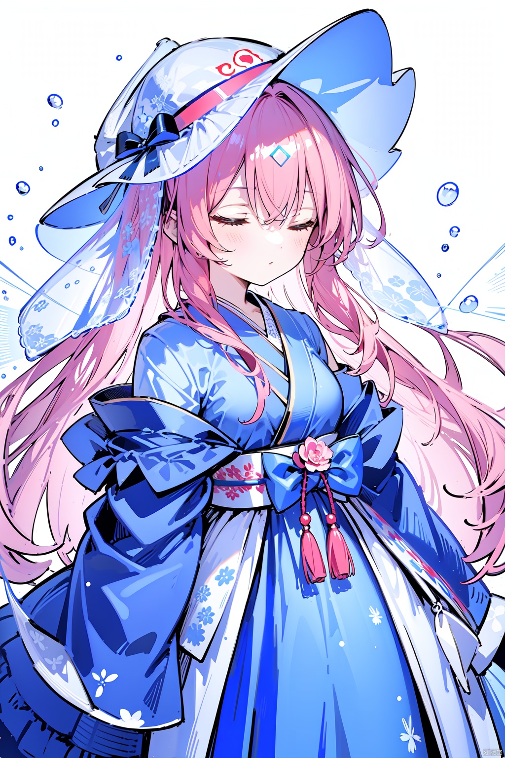 1girl, blue_dress, blue_kimono, breasts, closed_eyes, folding_fan, hand_fan, hat, japanese_clothes, kimono, long_hair, off_shoulder, pink_hair, saigyouji_yuyuko, solo, triangular_headpiece, veil, water, wide_sleeves