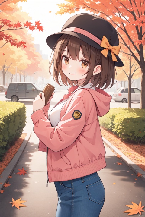  1girl, jacket, solo, hat, brown_eyes, pants, cabbie_hat, shirt, brown_hair, leaf, denim, smile, jeans, jacket_on_shoulders, autumn_leaves, falling_leaves, looking_at_viewer, closed_mouth, bangs, long_sleeves, outdoors, open_clothes, short_hair, open_jacket, breasts, blush, from_side, maple_leaf, ribbon, pink_jacket, orange_jacket, tree, holding, pink_shirt, orange_headwear, standing, medium_breasts, bow, blue_pants, water, hands_up, cowboy_shot