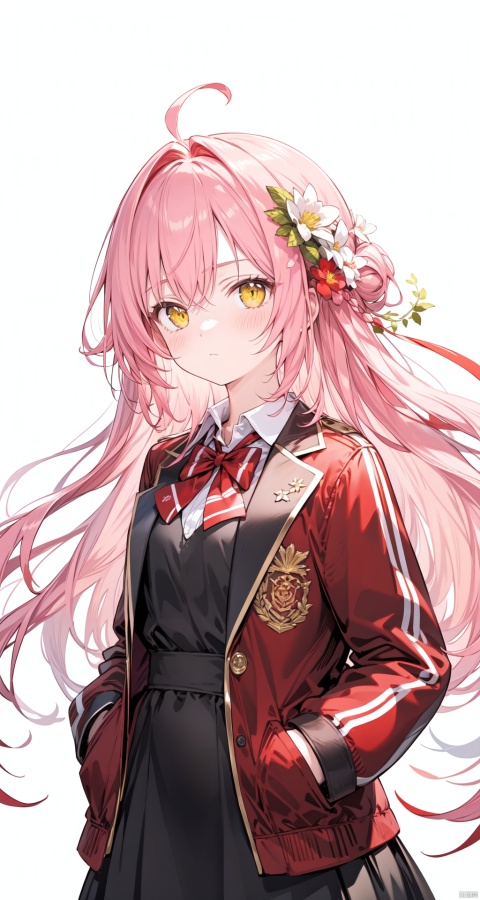  (best quality), ((masterpiece)), (highres), original, extremely detailed wallpaper, (an extremely delicate and beautiful),(loli),(petite),Pink hair,long hair,big hair,messy hair,hair flowing over,Yellow eyes, (red Jacket),white collared shirt,hair flower,fipped hair,floating hair,Frown,hands in pockets,black dress,red bowtie,(solo)