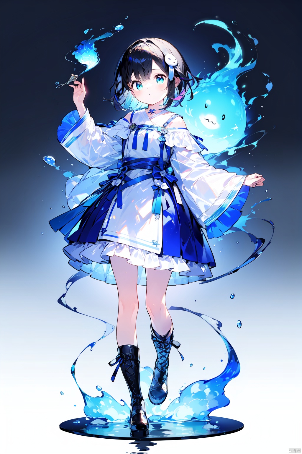 1girl, black_hair, blue_fire, boots, fire, full_body, ghost, gradient, gradient_background, hair_ornament, hair_over_one_eye, hitodama, holding, looking_at_viewer, magic, short_hair, smoke, solo, spirit, standing, water, weapon, white_background, wide_sleeves