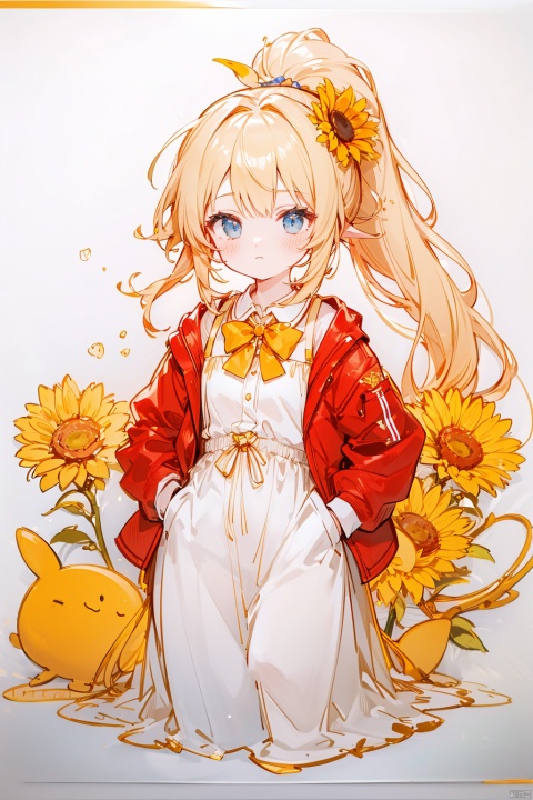  (8k, RAW photo, best quality, masterpiece:1.2),loli,petite,long hair, red Jacket,high ponytail,collared shirt,hair flower,fipped hair,floating hair,Frown,hands in pockets,dress,bowtie,(solo),sky, skyline, skyscraper, smile, solo, sunflower, tower-line art,flower-line art,,jpe-hd,ll-hd, ty-hd, pf-hd,yellow theme,simple_background