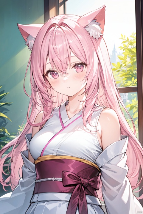  1girl,solo,cuty face,Beautiful detailed eye,,upper body,ray tracing,Reflected light,(very detailed light),(Beautiful Lighting)++++(best quality),masterpiece, best quality,medium breasts,best quality,beautiful detailed eyes,(pink hair), wavy hair,disheveled hair,cat ears,messy hair, long bangs, hairs between eyes,extremely detailed, floating hair,highleg,solo, best quality, masterpiece, highres, original, extremely detailed wallpaper,{an extremely delicate and beautiful}, pink eyes, {beautiful eyes},kimono