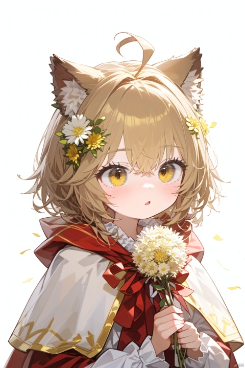 best quality, amazing quality, very aesthetic, absurdres,1girl, animal_ears, flower, hair_ornament, solo, capelet, wolf_ears, long_hair, hooded_capelet, hair_flower, holding, dandelion, long_sleeves, ribbon, hood, hair_ribbon, white_background, hood_down, holding_flower, light_brown_hair, shirt, animal_ear_fluff, upper_body, red_capelet, white_shirt, yellow_eyes, red_ribbon, simple_background, ahoge, blush, frills, hair_between_eyes, parted_lips, open_mouth, bangs