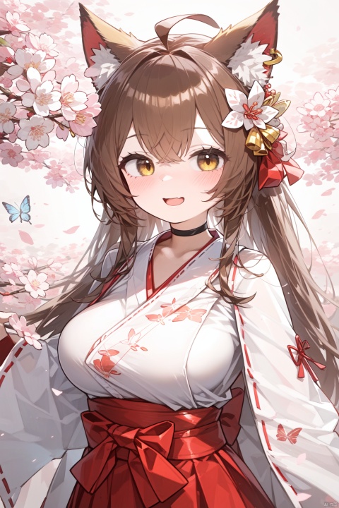 1girl, japanese_clothes, virtual_youtuber, butterfly_hair_ornament, animal_ears, long_hair, solo, fox_ears, ahoge, brown_hair, obi, hakama, red_choker, kimono, hair_ornament, sash, choker, blush, lace-trimmed_sleeves, hakama_skirt, red_hakama, yellow_eyes, white_kimono, breasts, open_mouth, looking_at_viewer, cherry_blossom_print, upper_body, long_sleeves, wide_sleeves, large_breasts, sidelocks, miko, skirt, fox_girl, lace_trim, bangs, hair_between_eyes, red_ribbon, obijime, index_finger_raised, ribbon, smile