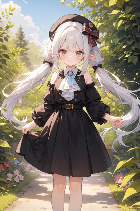 best quality, amazing quality, very aesthetic,1girl, solo, dress, bangs, belt, pointy_ears, black_dress, looking_at_viewer, long_sleeves, ascot, twintails, hat, outdoors, bag, smile, white_hair, feet_out_of_frame, closed_mouth, standing, shoulder_bag, black_headwear, red_ascot, skirt_hold, long_hair, buckle, low_twintails, belt_buckle, plant, bow, brown_belt, blunt_bangs, dated, beret, handbag, hair_bow, brown_eyes, day