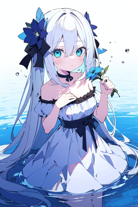 1girl, solo, dress, long_hair, white_dress, flower, bare_shoulders, looking_at_viewer, blue_eyes, blue_flower, short_sleeves, bangs, holding_flower, holding, strapless_dress, water, breasts, hands_up, very_long_hair, hair_between_eyes, frilled_dress, strapless, white_hair, frills, detached_sleeves, puffy_sleeves, white_choker, puffy_short_sleeves, choker, covering_mouth, water_drop, collarbone, off_shoulder, off-shoulder_dress