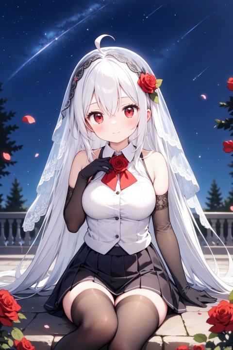 1girl, long hair, thighhighs, flower, solo, red eyes, ahoge, rose, gloves, bare shoulders, night, black gloves, looking at viewer, black thighhighs, star (sky), red flower, very long hair, sitting, starry sky, sky, night sky, hair between eyes, holding, breasts, red rose, shirt, bangs, outdoors, elbow gloves, sleeveless, white shirt, sleeveless shirt, tree, petals, veil, white hair, blurry foreground, closed mouth, skirt, black skirt