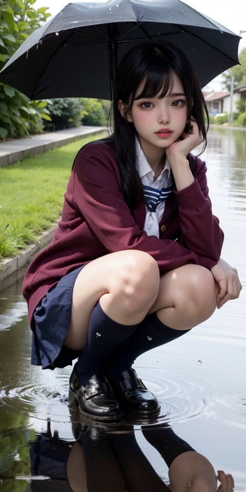 1girl, solo, looking at viewer, blush, short hair, bangs, skirt, brown hair, shirt, black hair, long sleeves, holding, brown eyes, school uniform, full body, thighs, pleated skirt, outdoors, parted lips, shoes, serafuku, day, socks, miniskirt, bowtie, sailor collar, water, blue skirt, neckerchief, kneehighs, umbrella, brown footwear, squatting, cardigan, blue sailor collar, black socks, loafers, building, reflection, rain, water drop, holding umbrella, transparent, ripples, puddle, transparent umbrella