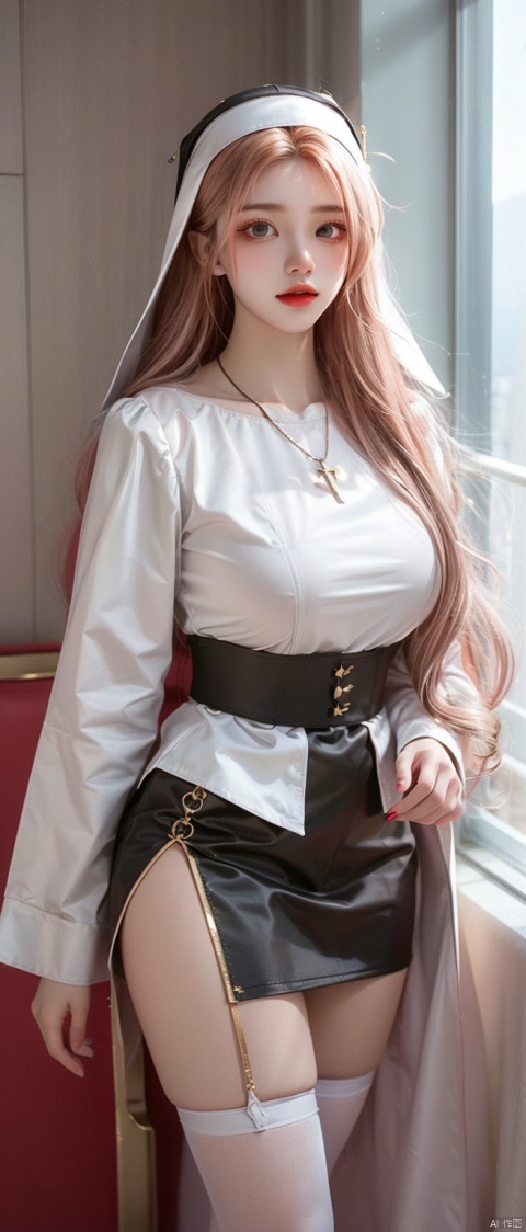 A girl. Golden hair. Black cloth headwear.A nun's uniform. Black headband. big boobs .Cross necklace.White stockings. Black red soled high heels. Clothing details. Details of stockings. Expose thighs.Oil shined thighs. Black and white nun uniform.
