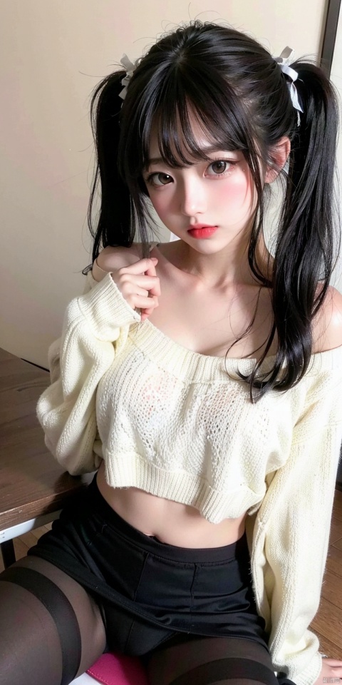 1girl, solo, long hair, breasts, looking at viewer, bangs, skirt, large breasts, shirt, black hair, long sleeves, navel, cleavage, bare shoulders, twintails, brown eyes, sitting, very long hair, underwear, collarbone, panties, hair ribbon, white shirt, pantyhose, detached sleeves, indoors, spread legs, black skirt, mole, lips, black pantyhose, table, thighband pantyhose, mole on breast, red lips