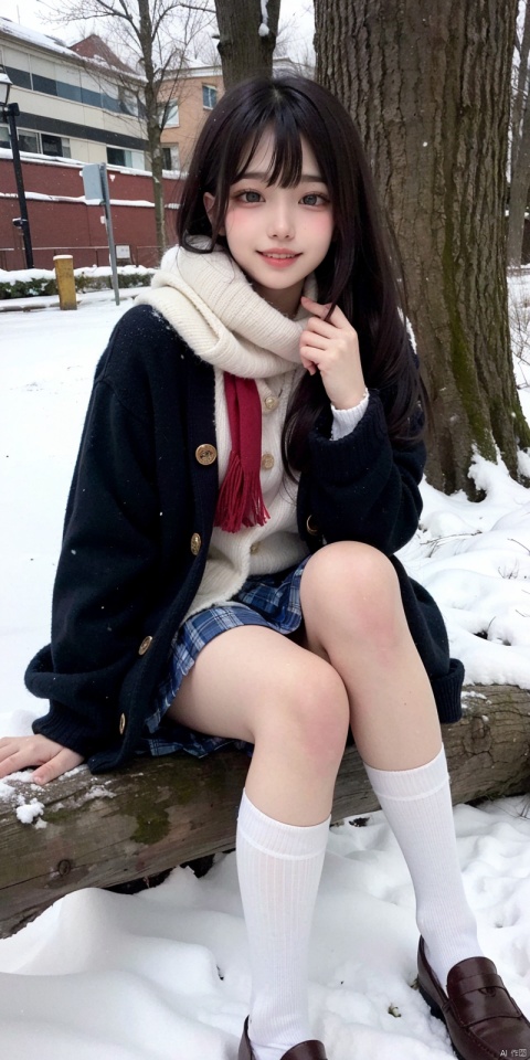 1girl, solo, long hair, looking at viewer, blush, smile, bangs, blue eyes, skirt, shirt, long sleeves, holding, hair between eyes, sitting, very long hair, jacket, full body, white shirt, braid, pleated skirt, outdoors, open clothes, shoes, day, socks, scarf, grin, sweater, open jacket, tree, blue skirt, plaid, kneehighs, plaid skirt, wariza, brown footwear, stuffed toy, white jacket, cardigan, stuffed animal, black socks, loafers, snow, red scarf, snowing, winter, fringe trim, plaid scarf