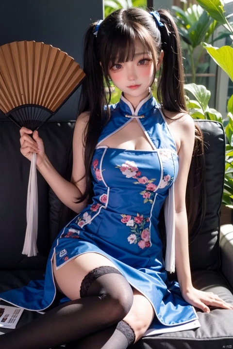  1girl, solo, looking at viewer, smile, black hair, thighhighs, dress, twintails, high heels, tree, blue dress, chinese clothes, china dress, hand fan, folding fan, holding fan, photo background