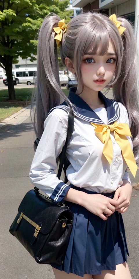 1girl, solo, long hair, looking at viewer, blue eyes, skirt, twintails, school uniform, white hair, grey hair, pleated skirt, outdoors, serafuku, sailor collar, bag, two side up, hand on hip, cosplay, red shirt, yellow bow, school bag, brown skirt, yellow bowtie, photo background