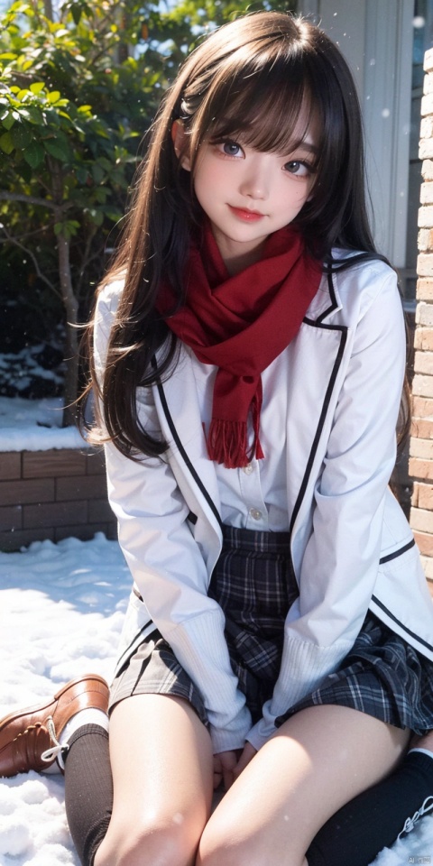 1girl, solo, long hair, looking at viewer, blush, smile, bangs, blue eyes, skirt, shirt, long sleeves, holding, hair between eyes, sitting, very long hair, jacket, full body, white shirt, braid, pleated skirt, outdoors, open clothes, shoes, day, socks, scarf, grin, sweater, open jacket, tree, blue skirt, plaid, kneehighs, plaid skirt, wariza, brown footwear, stuffed toy, white jacket, cardigan, stuffed animal, black socks, loafers, snow, red scarf, snowing, winter, fringe trim, plaid scarf
