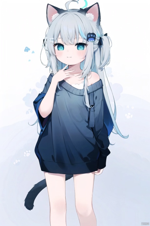  30710, petite, loli, solo, animal ears, heart, puffy short sleeves, grey hair, long hair, off shoulder, bangs, hair ornament, gradient background,rainbow gradient, x hair ornament, animal ear fluff, looking at viewer, very long hair, blush, smile, cat ears, bare shoulders, collarbone, hand up, gradient sweater, hair between eyes, symbol-shaped pupils, arm up, heart-shaped pupils, hairclip, medium breasts, salute, bare legs,full body,blue_eye,((ahoge)), + +,sparkling eyes,Starry eyes,ch style