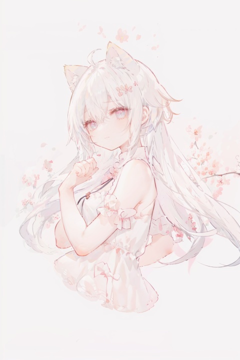  blank background, simple background, minimalism, flower, 1girl, chibi, cute,((cat ears)), fullbody, solo, dynamic angle, smile, best quality, highres, masterpiece,white hair,long hair,(((ahoge))),(((upper body))),blue_eyes,(((slit pupils)))