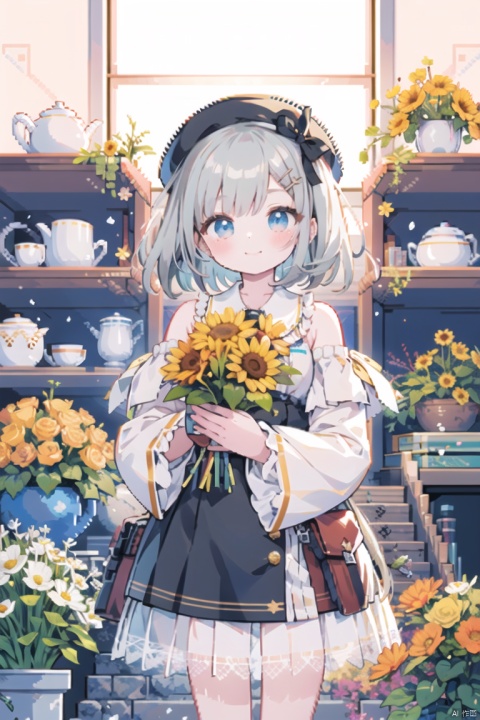 1girl, solo, smile, short_hair, bangs, blue_eyes, skirt, blonde_hair, shirt, hair_ornament, long_sleeves, hat, bow, ribbon, holding, bare_shoulders, closed_mouth, standing, white_shirt, flower, cowboy_shot, pleated_skirt, frills, day, hairclip, puffy_sleeves, collared_shirt, indoors, nail_polish, aqua_eyes, clothing_cutout, window, buttons, swept_bangs, rose, bird, sunlight, hat_ribbon, plant, white_flower, frilled_sleeves, red_flower, light_particles, pink_flower, puffy_long_sleeves, backlighting, light_rays, bouquet, stairs, yellow_flower, purple_flower, brown_headwear, sunflower, dot_nose, hat_flower, holding_flower, potted_plant, shoulder_cutout, yellow_skirt, holding_bouquet, shelf, vase, yellow_nails, picture_frame, yellow_theme, shop, cage, orange_flower, yellow_rose, flower_pot, string_of_flags, daisy, birdcage, hatsune_miku, kagamine_rin, kagamine_len,((grey hair)),((( pixel art)))
