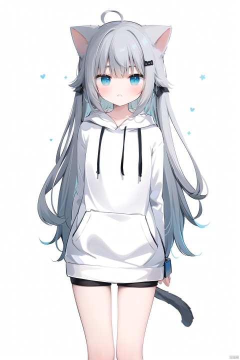 payot,long_hair,Waist_length_hair,cat_ears,tail,flat_chest,cat girl,((ahoge)),slit pupils,(((grey hair))),blue eyes, aqua eyes,Perfect female body,loli,(((white_hoodie))),(((arms behind back)))