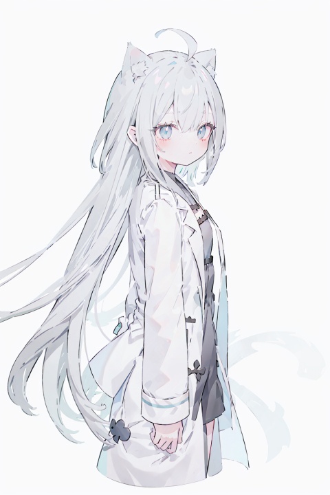  long_hair,cat_ears,flat_chest,cat girl,(((ahoge))),(((slit pupils))),(((grey hair))),((solo)),((labcoat)),blue eyes, aqua eyes,(((upper body))),arms behind back,from side