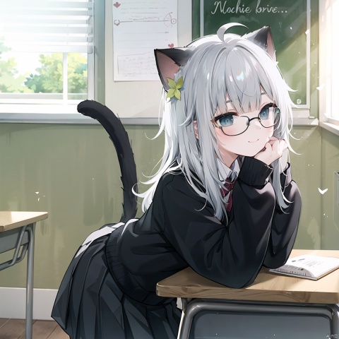  1girl, solo, long hair, looking at viewer, blush, smile, bangs, skirt,grey hair, shirt, long sleeves, animal ears, closed mouth, school uniform, blue eyes, tail, heart,pleated skirt, one eye closed, glasses, cat ears, black skirt, sweater,cat tail, animal ear fluff, sleeves past wrists, hands up, leaning forward, cat girl, desk, grey skirt, black-framed eyewear, school desk, black sweater, tail raised, chalkboard,(ahoge)