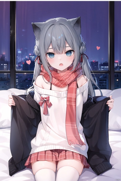  1girl, solo, long hair, looking at viewer, blush, open mouth, bangs, skirt, (((grey hair))), thighhighs,ribbon, hair between eyes, sitting, jacket, hair ribbon, (((blue eyes))), heart, pleated skirt, indoors, off shoulder, scarf, sweater, white thighhighs, plaid, window, bed, plaid skirt, red scarf,cat_ears