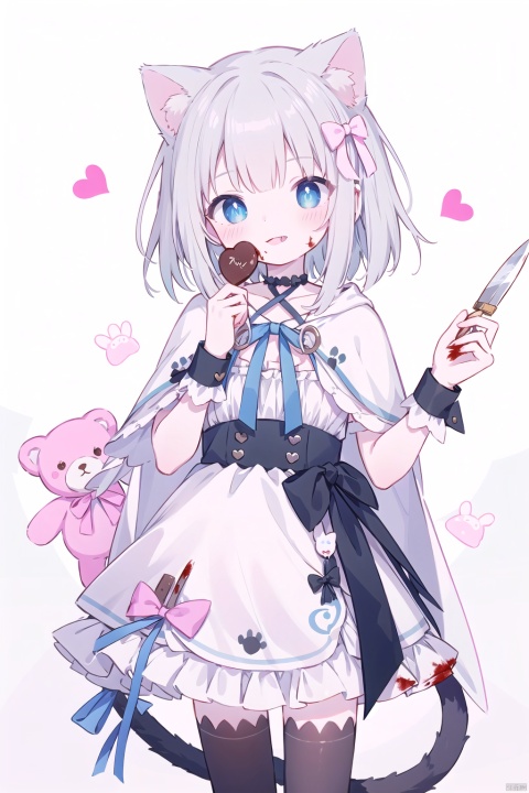  1girl, solo, looking at viewer, blush, smile, open mouth, bangs,grey hair, thighhighs, dress, bow, ribbon, holding, animal ears, tail, hair bow, heart, sidelocks, frills, choker, tongue, virtual youtuber, cat ears, hood, tongue out, medium hair, blue eyes, cape, black dress, flat chest, zettai ryouiki, cat tail, wrist cuffs, symbol-shaped pupils, blood, capelet, halterneck, heart-shaped pupils, short dress, stuffed toy, frilled dress, stuffed animal, knife, pink bow, single thighhigh, cloak, :p, licking, hood up, pink ribbon, teddy bear, blood on face, chocolate, criss-cross halter, tail ornament, holding knife, petite, ribbon choker, blood on clothes, leg ribbon, arm ribbon, grey thighhighs, pink choker, tail ribbon, yandere, waist bow, food-themed clothes, blood on knife, grey cape, grey capelet, single wrist cuff