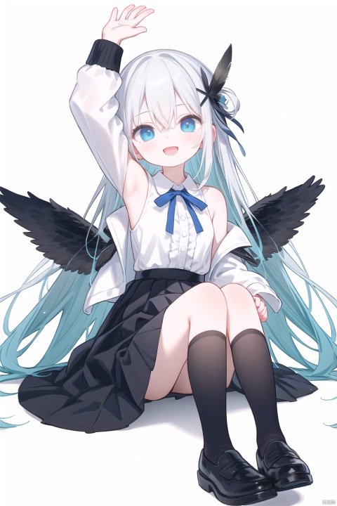  1girl, solo, long hair, breasts, looking at viewer, blush, smile, open mouth, bangs, blue eyes, skirt, shirt, hair ornament, long sleeves, white background, dress, bow, ribbon, hair between eyes, very long hair, jacket, full body, white shirt, grey hair, flower, white hair, :d, multicolored hair, pleated skirt, frills, open clothes, wings, shoes, sleeveless, socks, collared shirt, wide sleeves, black skirt, black footwear, black dress, arm up, open jacket, sleeves past wrists, kneehighs, black bow, gradient hair, neck ribbon, white jacket, feathers, x hair ornament, white socks, knees up, black wings, photo \(object\), shoe soles