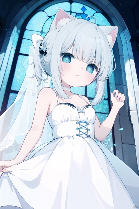  30710, + +,sparkling eyes,Starry eyes,ch style,(((ahoge))),best quality, amazing quality, very aesthetic,absurdres, 1girl,solo, bangs,grey hair, blue_eyes, blush, bare shoulder, eyebrows visible through hair, medium breasts, medium hair, looking at viewer, shiny skin,side_ponytail, shiy clothes, background, church, stained glass, wedding, statue, wedding_dress, bouquet, flower_hair_ornament, flower_in_hair, flowers, animal_ears, cat_ears