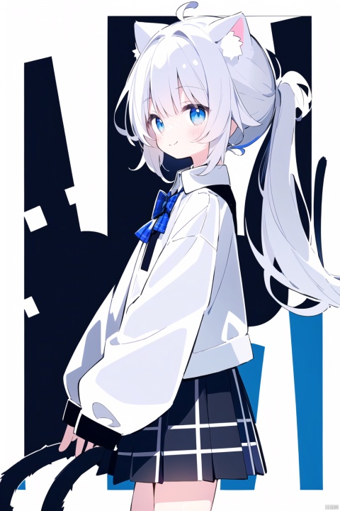  masterpiece, best quality,cat ears, blue eyes, cat ears, cat tail, sleeves past wrists, black hooded jacket, shirt, skirt, long hair, collared shirt, white shirt, bangs,white background, pleated skirt, blue bow, sleeves past fingers, grey hair,smile, standing, off shoulder, long sleeves,plaid, plaid skirt, grey skirt, shadow,puffy long sleeves,open jacketn,(ahoge),(((from side))),(((low ponytail))),looking_at_viewer, cat girl, hoshi (snacherubi), chibi