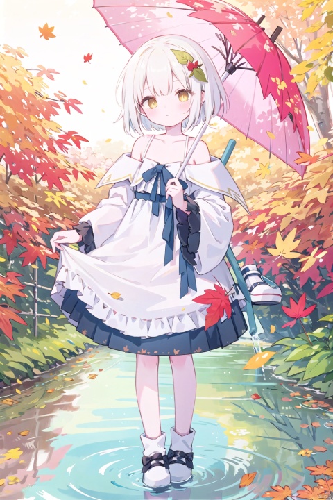 1girl, solo, short hair, bangs, hair ornament, long sleeves, dress, bow, holding, bare shoulders, closed mouth, standing, full body, yellow eyes, white hair, outdoors, frills, shoes, wide sleeves, water, off shoulder, white dress, tree, night, leaf, umbrella, white footwear, star \(sky\), puffy long sleeves, reflection, holding umbrella, skirt hold, autumn leaves, shoulder cutout, maple leaf, leaf hair ornament, ripples, autumn