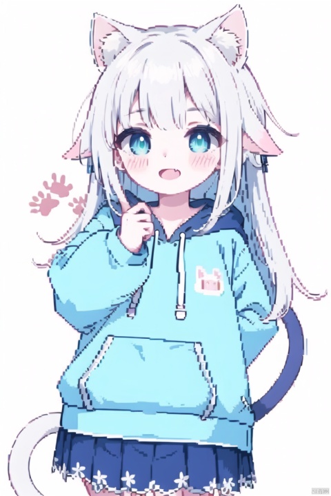 1girl, solo, long hair, looking at viewer, blush, smile, open mouth, bangs, blue eyes, skirt, simple background, long sleeves, white background, animal ears, hair between eyes, very long hair, tail, ahoge, :d, grey hair, fang, puffy sleeves, cat ears, hood, black skirt, cat tail, animal ear fluff, sleeves past wrists, hoodie, blush stickers, hood down, cat girl, extra ears, puffy long sleeves, drawstring, white hoodie, ((pixelart)), ((pixel))