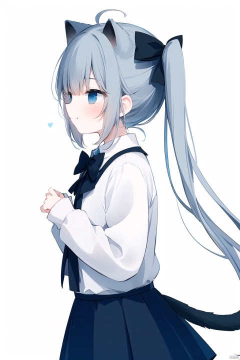  masterpiece, best quality,cat ears, blue eyes, cat ears, cat tail, sleeves past wrists, black hooded jacket, shirt, skirt, long hair, collared shirt, white shirt, bangs,white background, pleated skirt, blue bow, sleeves past fingers, grey hair,smile, standing, off shoulder, long sleeves,plaid, plaid skirt, grey skirt, shadow,puffy long sleeves,open jacketn,(ahoge),(((from side))),(((low ponytail))),looking_at_viewer, cat girl, hoshi (snacherubi), white pantyhose