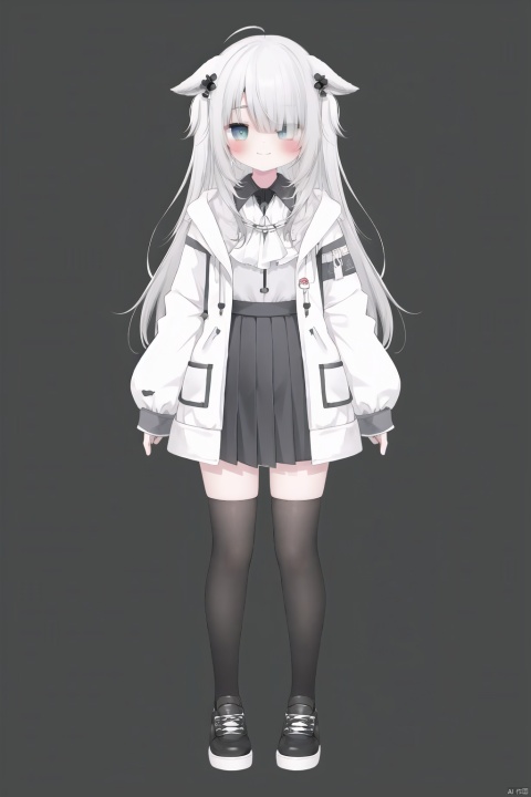  1girl, solo, thighhighs, long hair, heterochromia, full body, sleeves past fingers, hair over one eye, jacket, sleeves past wrists, ahoge, skirt, closed mouth, grey eyes, white jacket, shirt, thigh strap, black footwear, shoes, looking at viewer, white thighhighs, black shirt, standing, bangs, open clothes, long sleeves, very long hair, grey skirt, open jacket, white hair, off shoulder, collared shirt, smile, virtual youtuber, animal ears, two side up, breasts