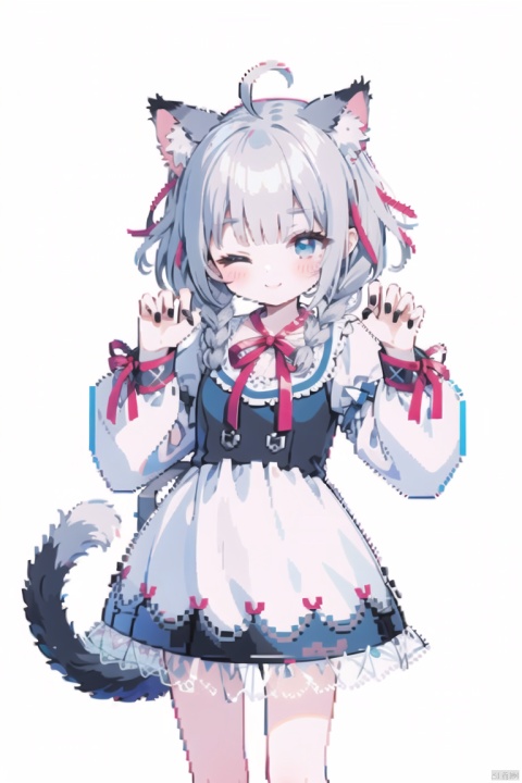  nai3, 1girl, black nails, animal ears, solo, red eyes, cat ears, grey hair, one eye closed, tail, twin braids, simple background, braid, white background, cat tail, bangs, white dress, ribbon, long hair, nail polish, red ribbon, looking at viewer, neck ribbon, long sleeves, kaenbyou rin, claw pose, black dress, blunt bangs, animal ear fluff, hands up, puffy sleeves, closed mouth, twintails, bow, cowboy shot, smile,blue eye,ahoge, ((pixel art))