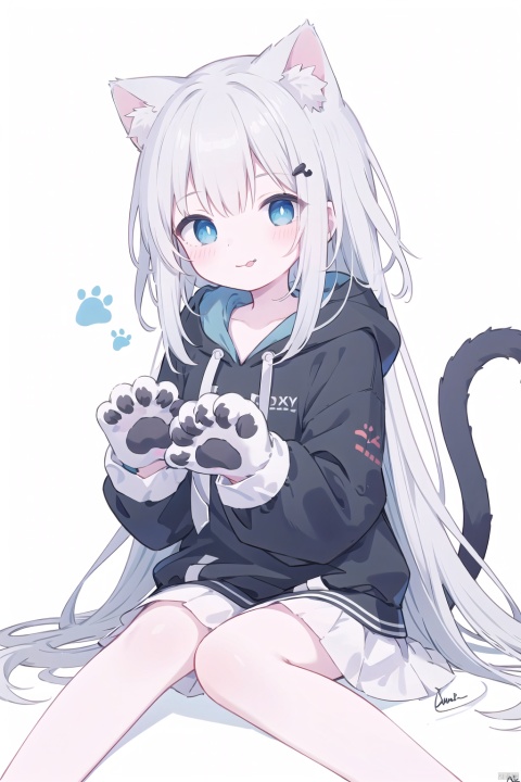 1girl, solo, long hair, looking at viewer, blush, smile, bangs, blue eyes, simple background, hair ornament, gloves, long sleeves, white background, animal ears, hair between eyes, sitting, very long hair, tail, ahoge, grey hair, tongue, hairclip, cat ears, signature, hood, tongue out, cat tail, animal ear fluff, hands up, hoodie, feet out of frame, hood down, cat girl, knees up, :p, animal hands, paw gloves