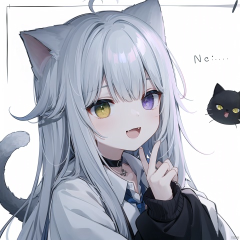  1girl, solo, long hair, looking at viewer, blush, smile, open mouth, bangs, simple background, shirt, white background, animal ears, purple eyes, jacket, yellow eyes, white shirt, upper body,grey hair, :d, open clothes, choker, fang, collared shirt, cat ears, hood, black jacket, sleeves past wrists, dress shirt, heterochromia, black choker, hood down,ahoge