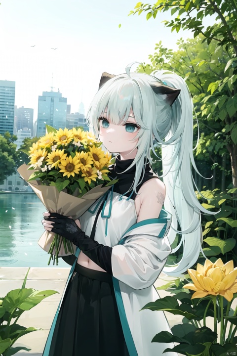 1girl, official, head, blue eyes,animal ears, ahoge, long straight hair, ponytail, hair ornament,bare shoulders, black crop top, small breasts, navel, detached sleeves, elbow gloves, fingerless gloves, two tails, skirt bouquet, branch, daisy, dandelion, dress, floral_background, flower, flower_pot, green_flower, head_out_of_frame, holding, holding_bouquet, holding_flower, ivy, leaf, lily_\(flower\), lily_of_the_valley, lily_pad, long grey_hair, lotus, morning_glory, palm_leaf, palm_tree, petals, plant, potted_plant, puffy_sleeves, rose, solo, sunflower, tulip, upper_body, vase, vines, white_dress, white_flower, white_rose, yellow_flower, masterpiece, best quality,beautiful detailed hair,beautiful detailed face,beautiful detailed jacket,beautiful detailed background,album cover,beautiful detailed splash, in city, cityscape,1girl,limited palette,pastel color, many line in hair, shiny skin,sunlight, 2020s,minute details, punk, out doors, looking at viewer, drawing,multicolored back grao